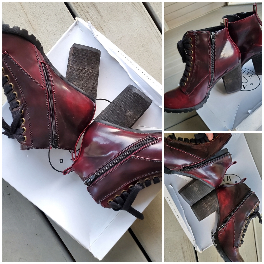 Steve Madden Andie Deep Cherry Burgundy Lace-Up Lug Sole Ankle Booties - Picture 9 of 16